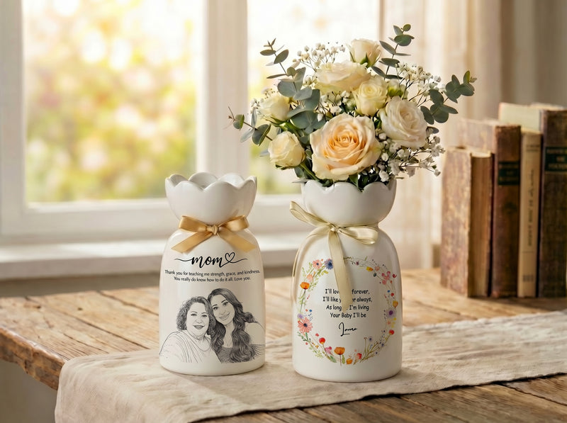 Personalized Mom Photo Flower Vase – Custom Portrait Ceramic Vase Gift for Mom