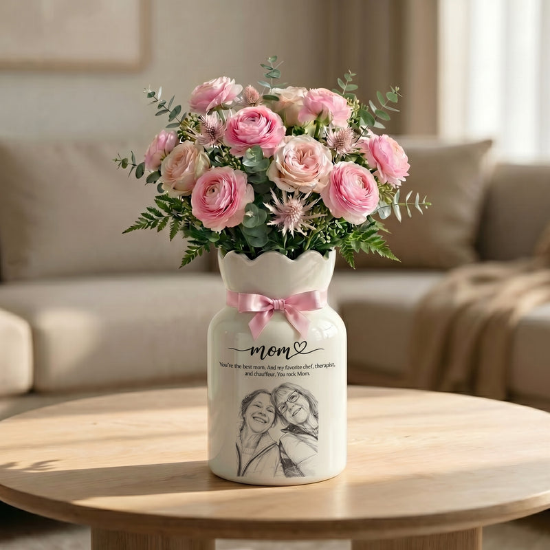 Personalized Mom Photo Flower Vase – Custom Portrait Ceramic Vase Gift for Mom