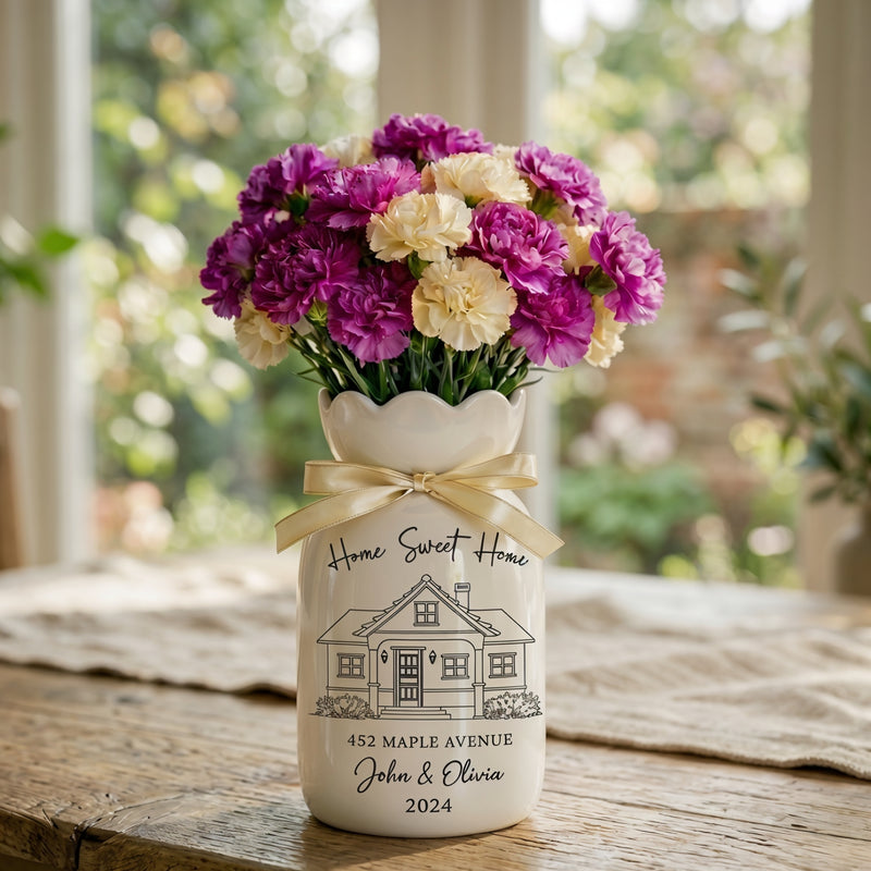 Personalized First Home Gift Ceramic Flower Vase – Custom New Home & Housewarming Gift