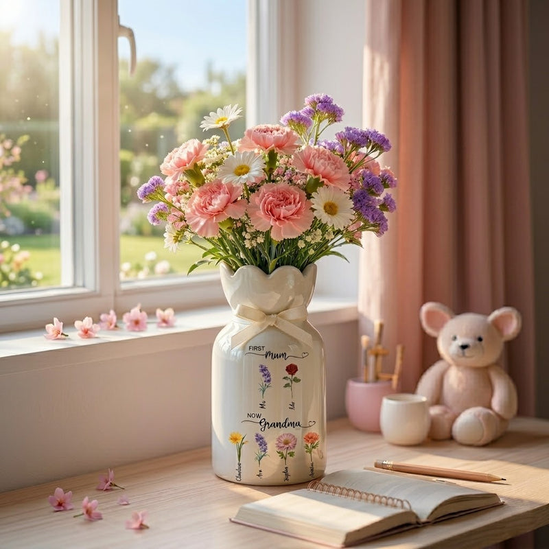 Custom First Mom Now Grandma Ceramic Flower Vase – Personalized Birth Month Flower Grandma’s Garden Gift