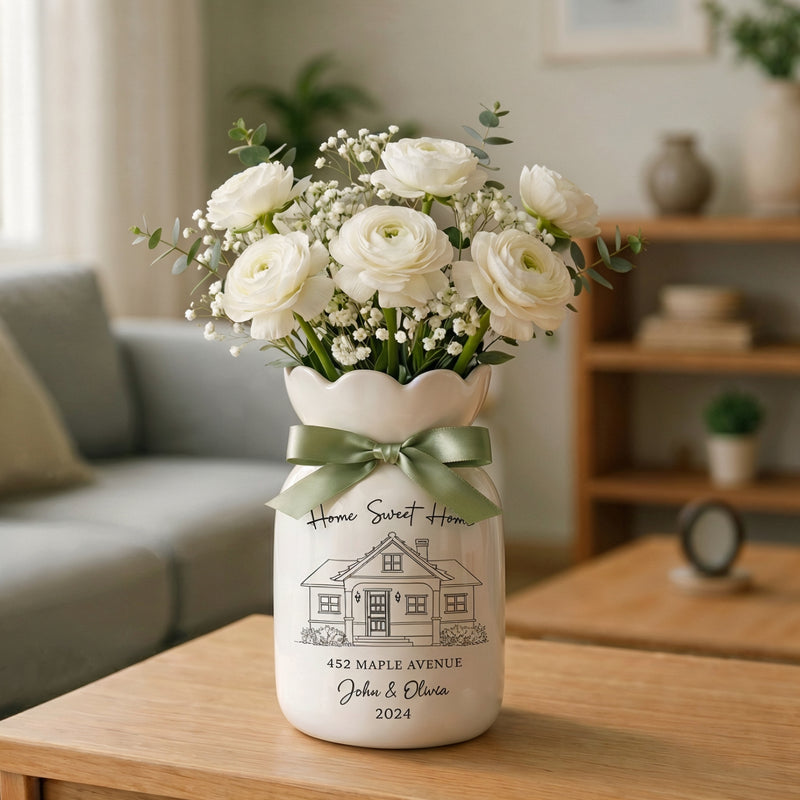 Personalized First Home Gift Ceramic Flower Vase – Custom New Home & Housewarming Gift