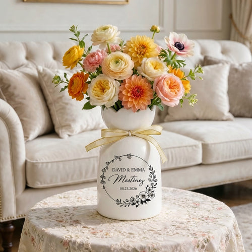 Custom Ceramic Botanical Flower Vase – Personalized Wedding Vase Gift for Couples