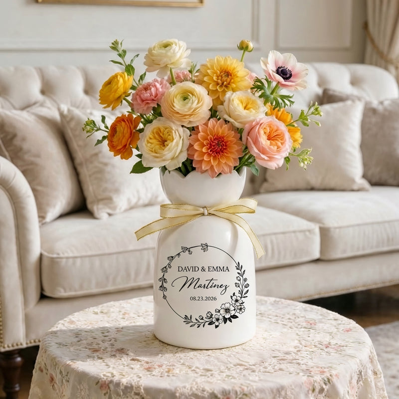 Custom Ceramic Botanical Flower Vase – Personalized Wedding Vase Gift for Couples