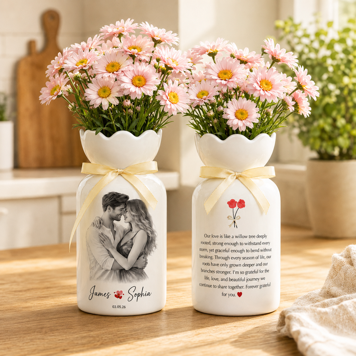 Custom Line Portrait Flower Vase – Personalized Ceramic Couple Photo Vase