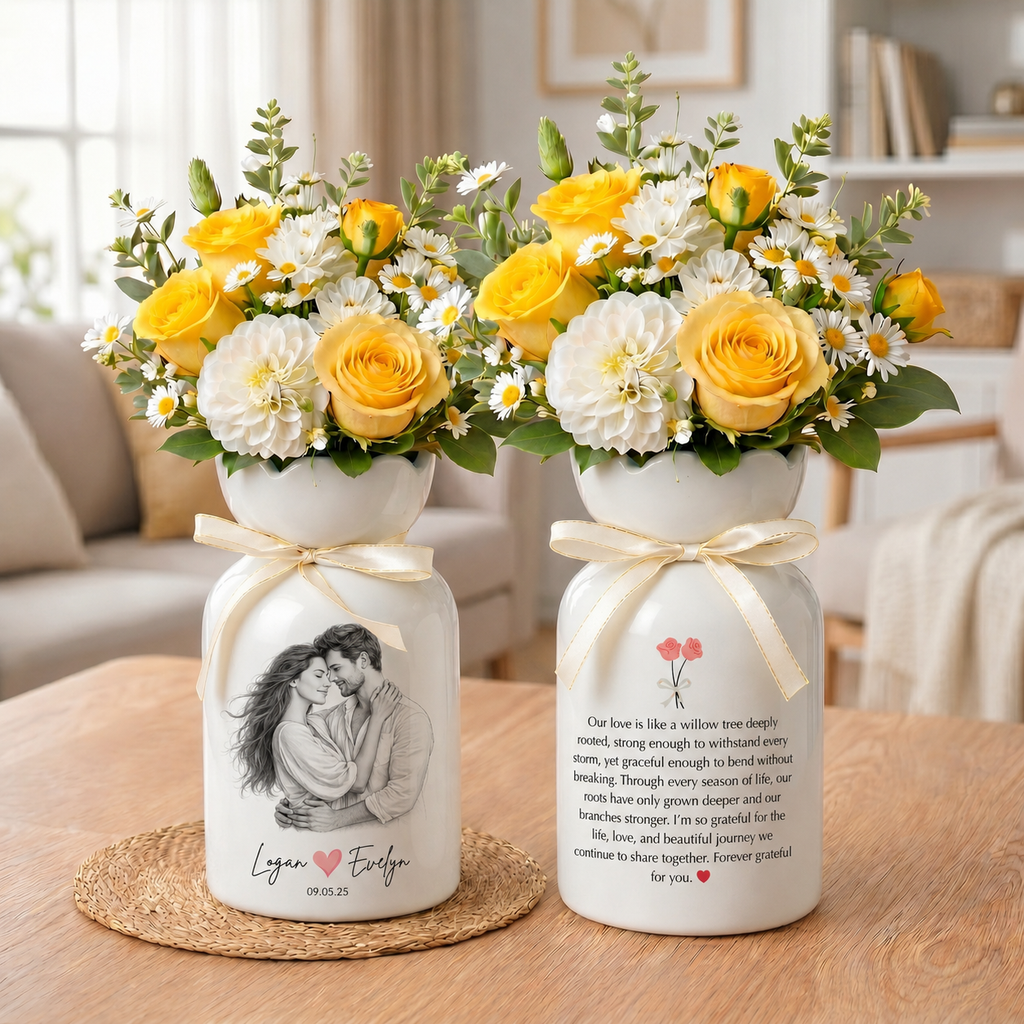 Custom Line Portrait Flower Vase – Personalized Ceramic Couple Photo Vase