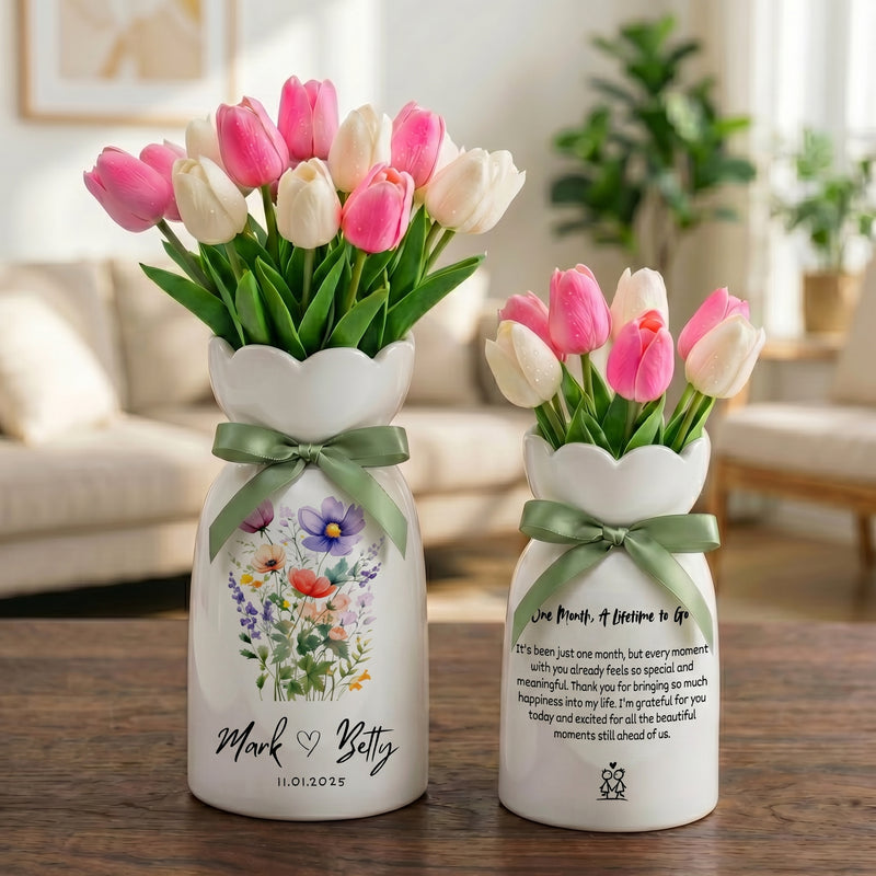 Personalized Wedding Flower Vase, Custom Birth Flower Couple Gift with Names & Wedding Date