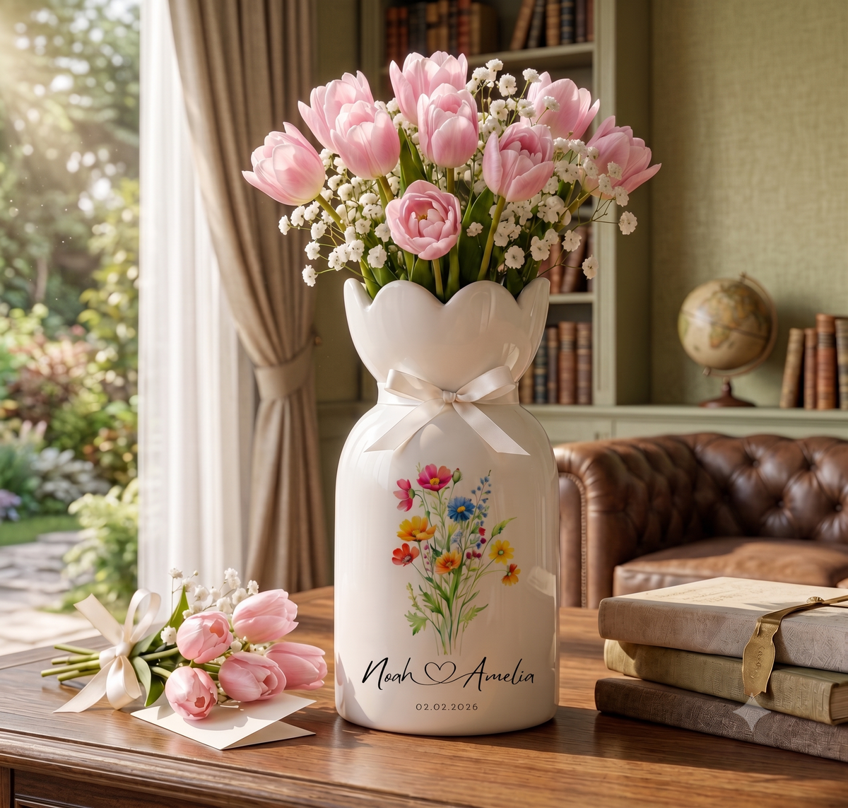 Personalized Wedding Flower Vase, Custom Birth Flower Couple Gift with Names & Wedding Date