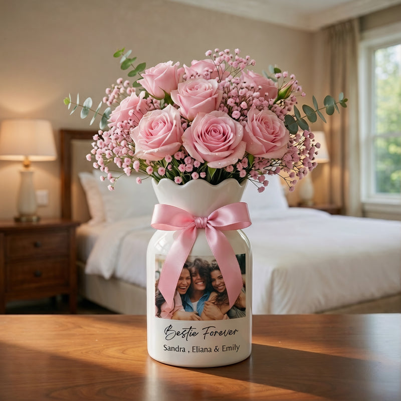 Personalized Besties Photo Floral Ceramic Vase – Custom Best Friend Gift