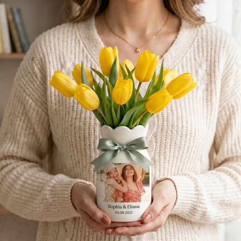Personalized Besties Photo Floral Ceramic Vase – Custom Best Friend Gift