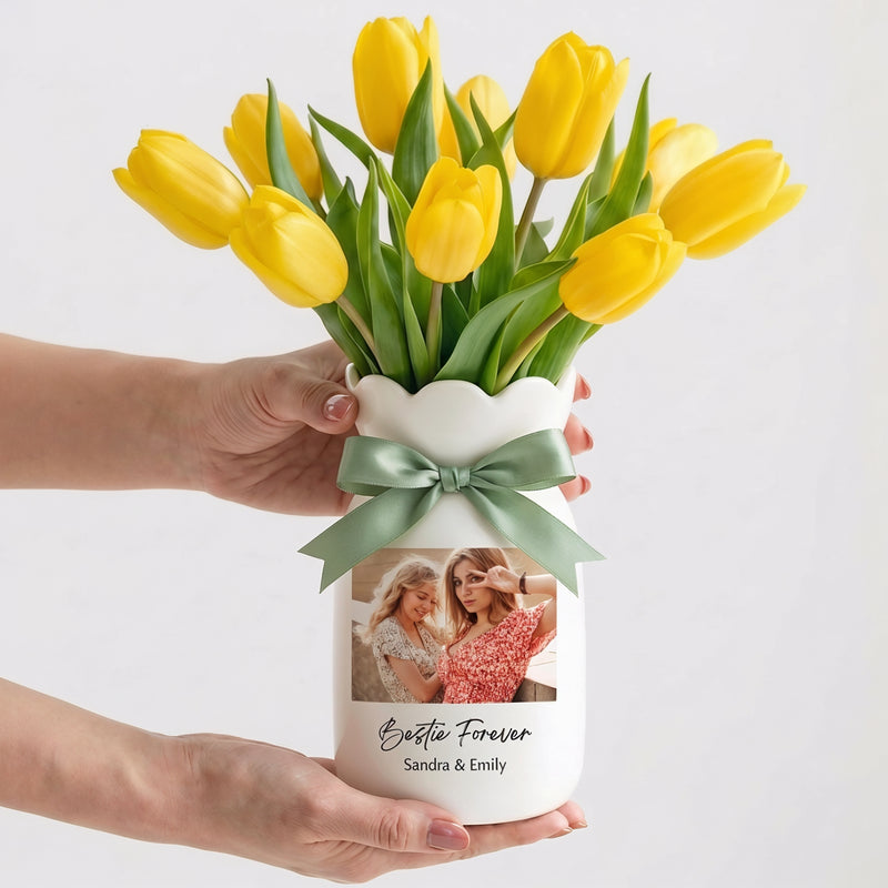 Personalized Besties Photo Floral Ceramic Vase – Custom Best Friend Gift