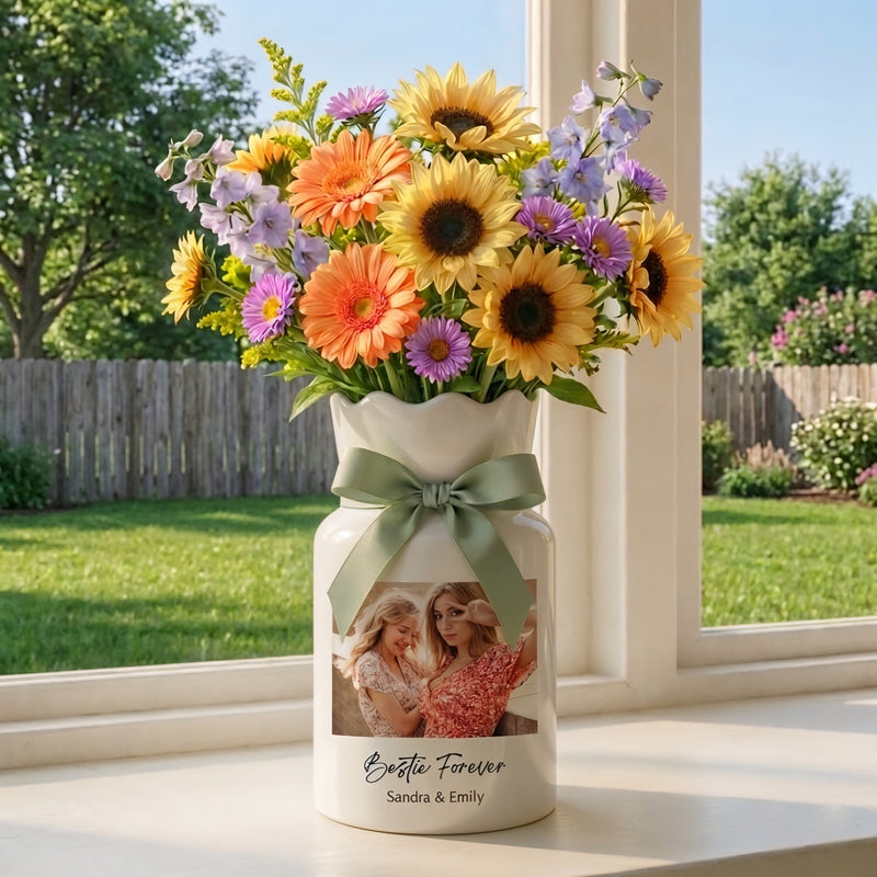 Personalized Besties Photo Floral Ceramic Vase – Custom Best Friend Gift