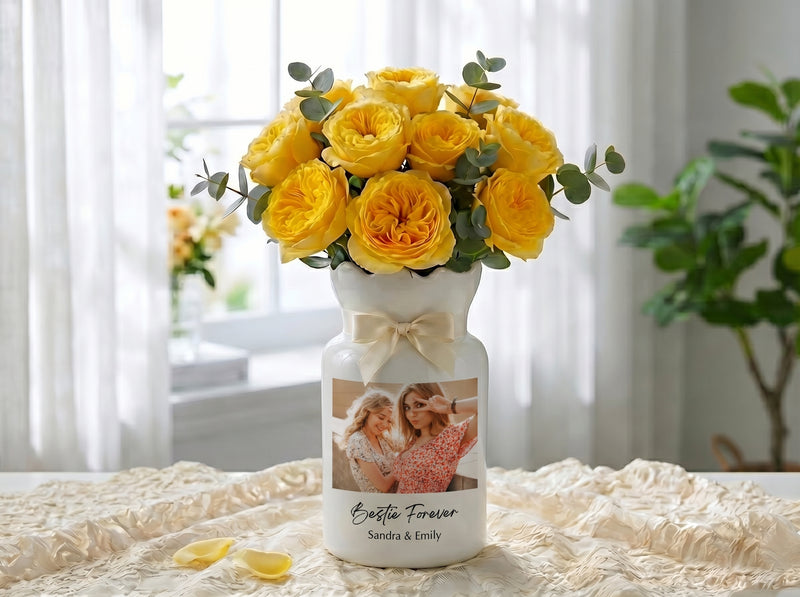 Personalized Besties Photo Floral Ceramic Vase – Custom Best Friend Gift