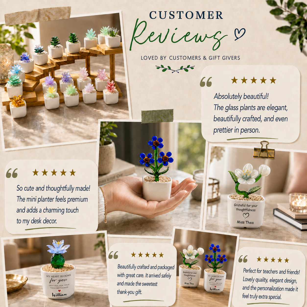 Glass Plant Pot – Personalized Name Mini Flower or Cactus Ornament, Teacher Appreciation Gift & Desk Decoration