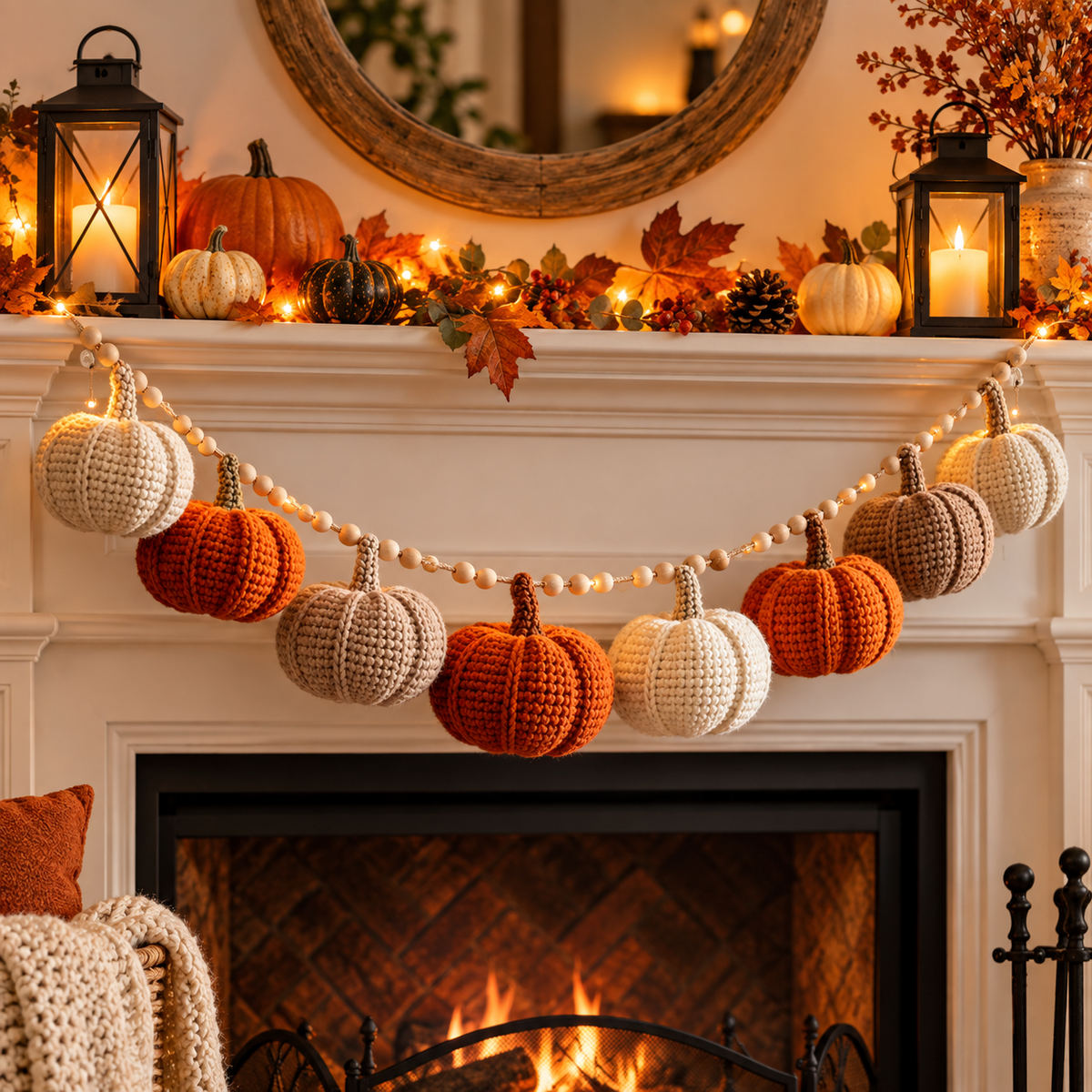 Handmade Autumn Crochet Bunting with Pumpkin LED Garland