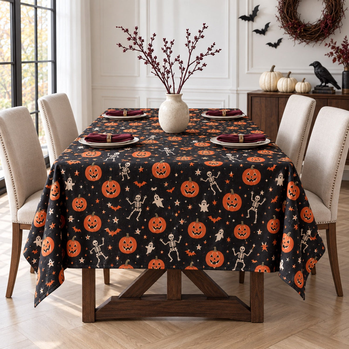 Spooky Halloween Witch Bat Pumpkin Tablecloth Decor