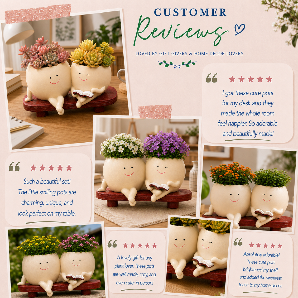 Cute Reading Planter Pot with Smiley Face – Gift for Mom, Teacher Appreciation Gift & Cozy Desk Planter