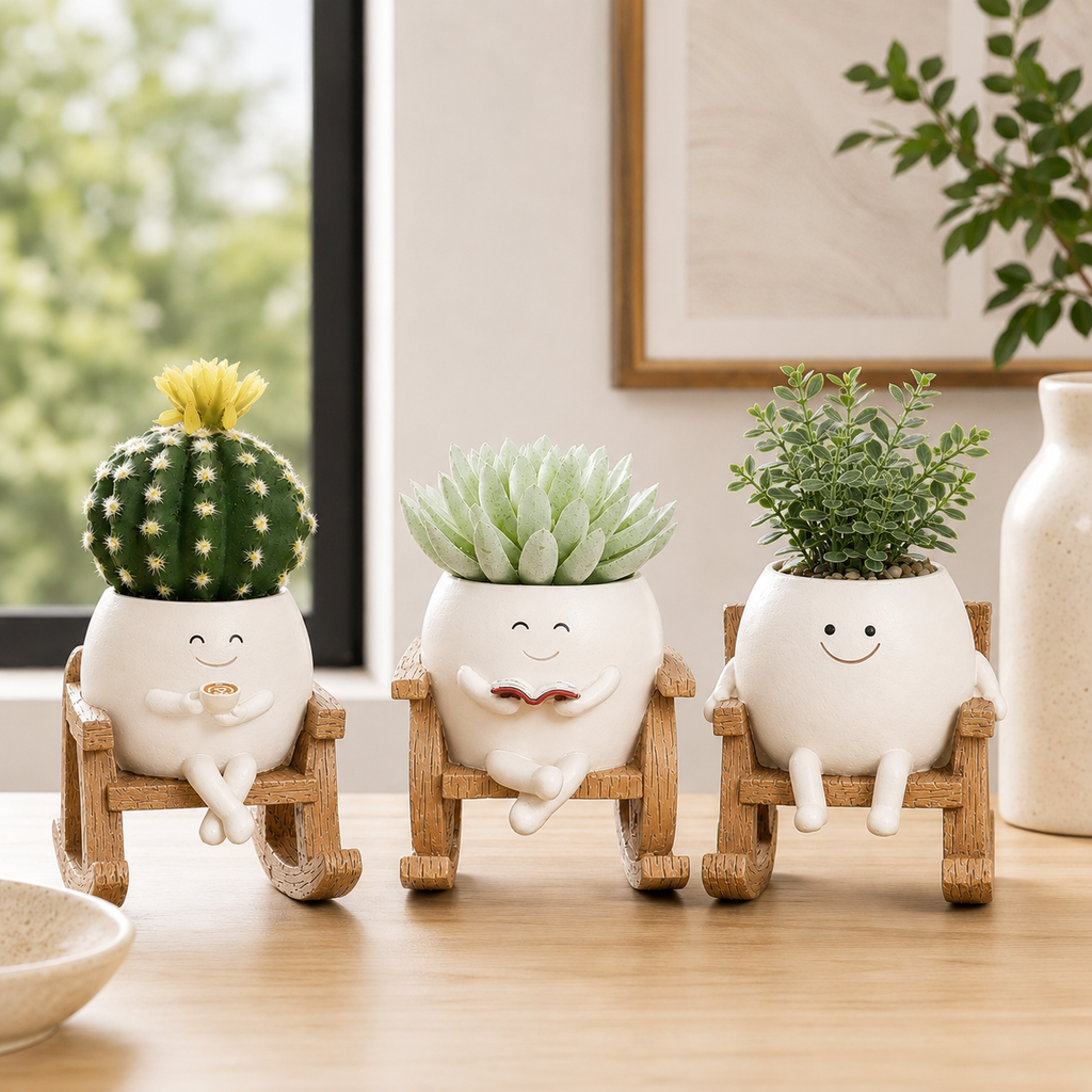 Resin Smiley Face Rocking Chair Planter – Whimsical Succulent Holder & Happy Decor