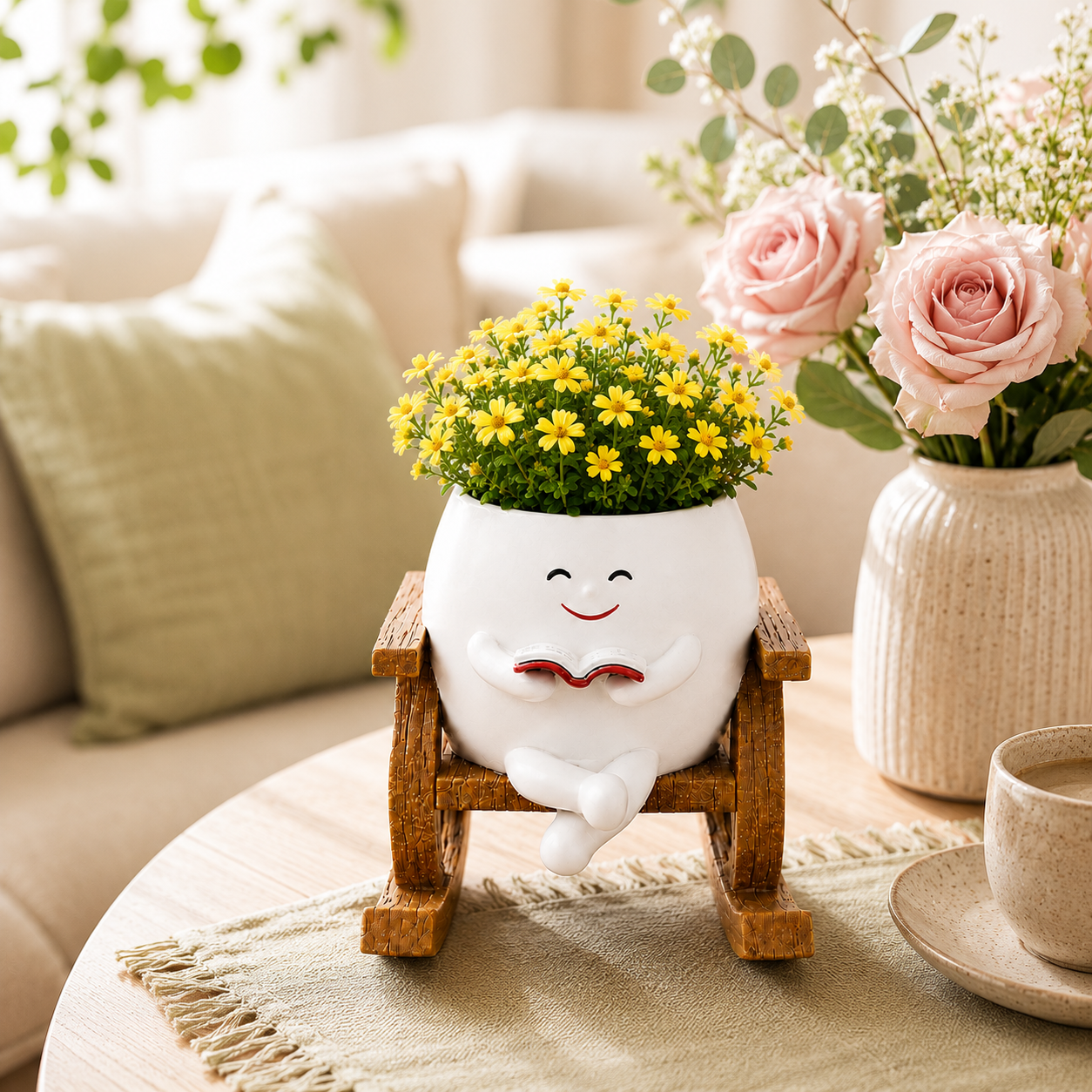 Resin Smiley Face Rocking Chair Planter – Whimsical Succulent Holder & Happy Decor