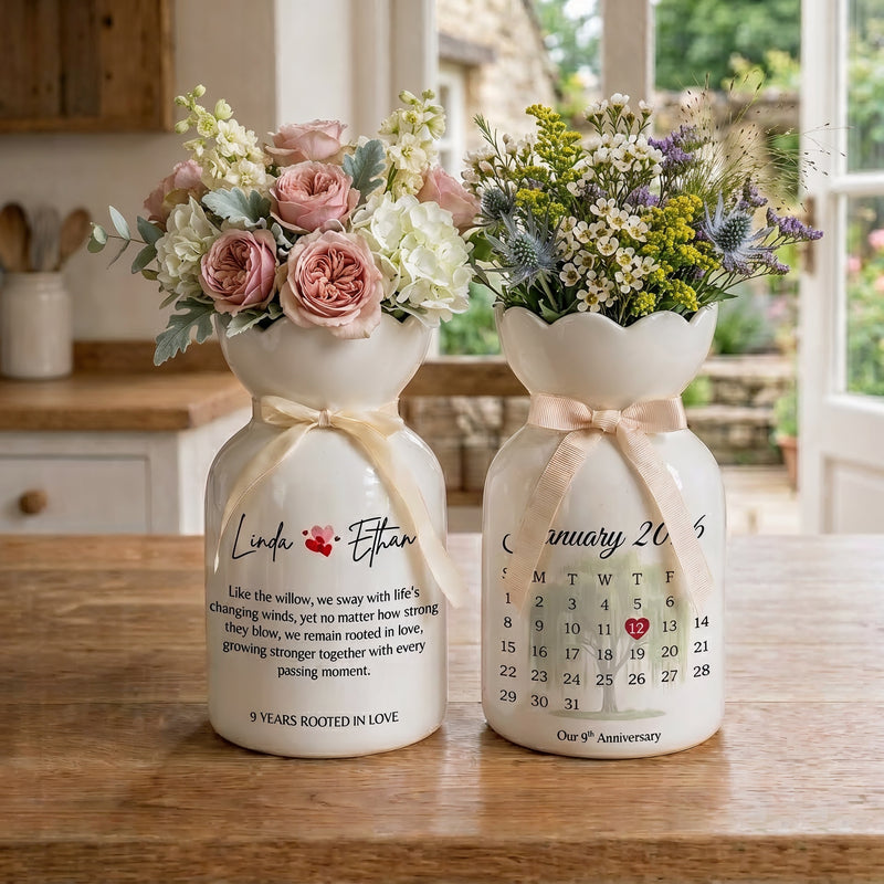 Personalized 9th Anniversary Willow Tree Flower Vase – Custom Ceramic Anniversary Gift for Wife & Couples