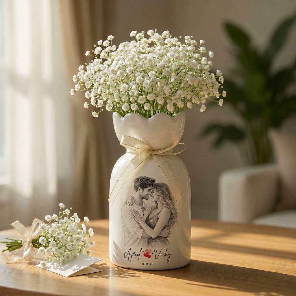 Custom Line Portrait Flower Vase – Personalized Ceramic Couple Photo Vase