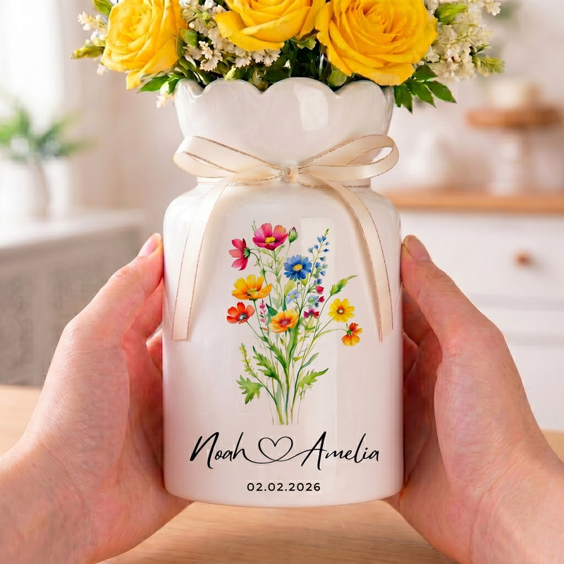 Personalized Wedding Flower Vase, Custom Birth Flower Couple Gift with Names & Wedding Date