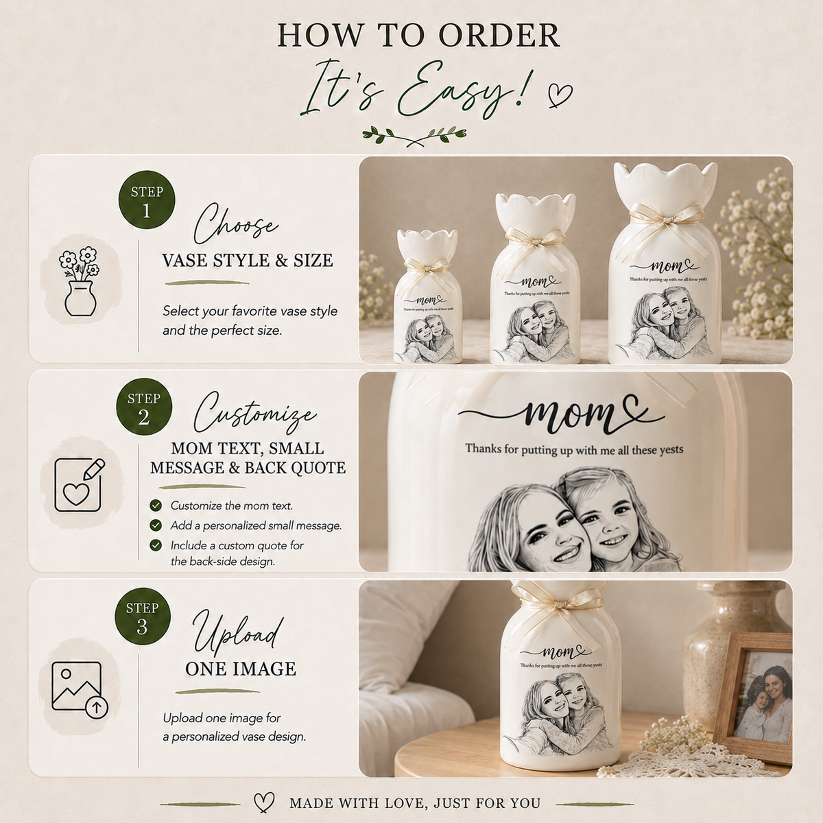 Personalized Mom Photo Flower Vase – Custom Portrait Ceramic Vase Gift for Mom