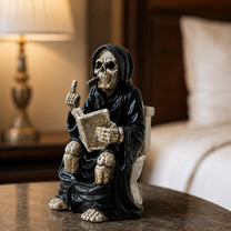 Grim Reaper Toilet Statue – Gothic Skeleton Bathroom Decor, Dark Humor Resin Figurine & Halloween Decor