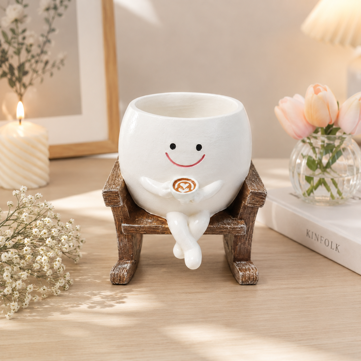 Resin Smiley Face Rocking Chair Planter – Whimsical Succulent Holder & Happy Decor