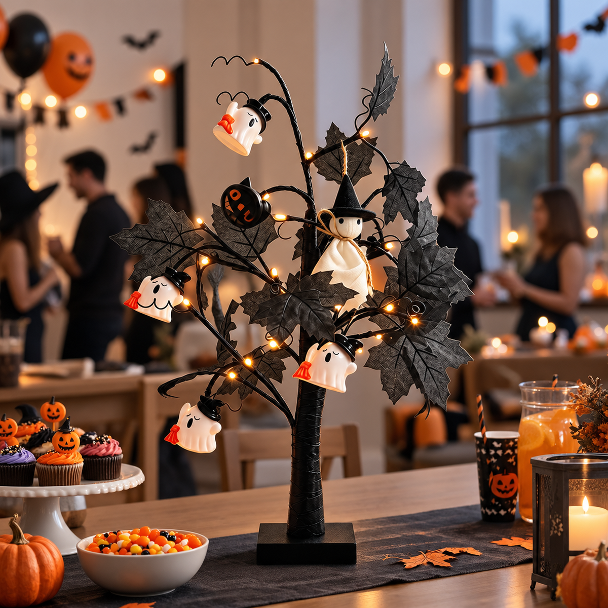 Lighted Black Halloween Table Tree with Mini Ghost Ornaments
