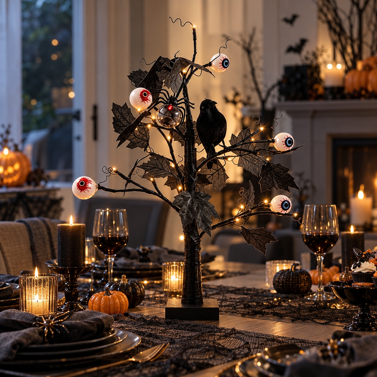 Lighted Black Halloween Eyeball & Crow LED Table Tree