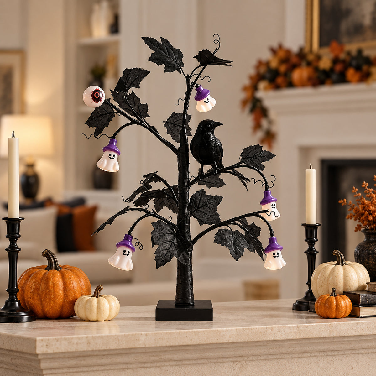 Halloween Black Lighted Tree with Crow & Eyeball Decor