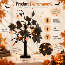 Lighted Black Halloween Table Tree with Mini Ghost Ornaments