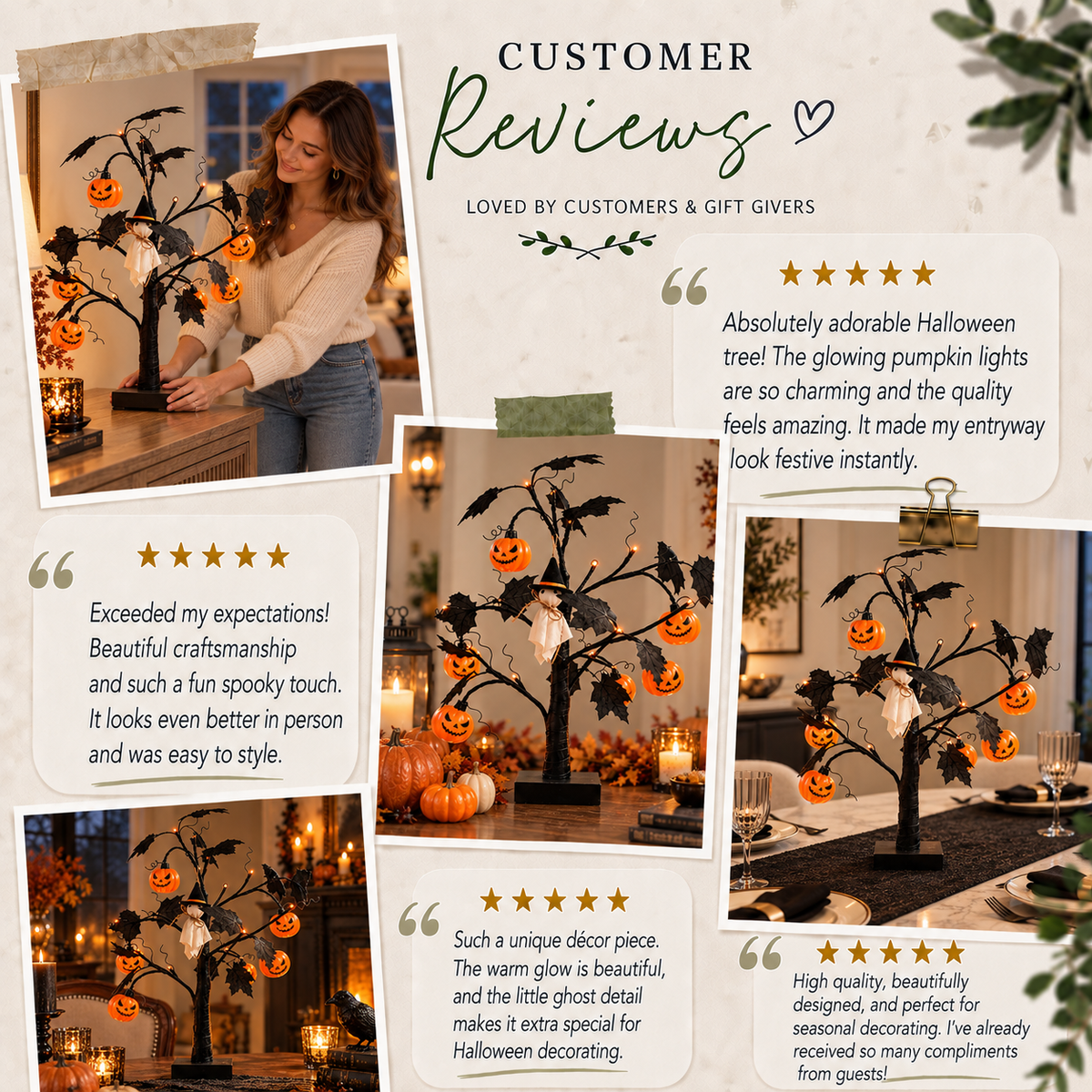 Lighted Black Halloween Table Tree with Ghost Pumpkin Ornaments