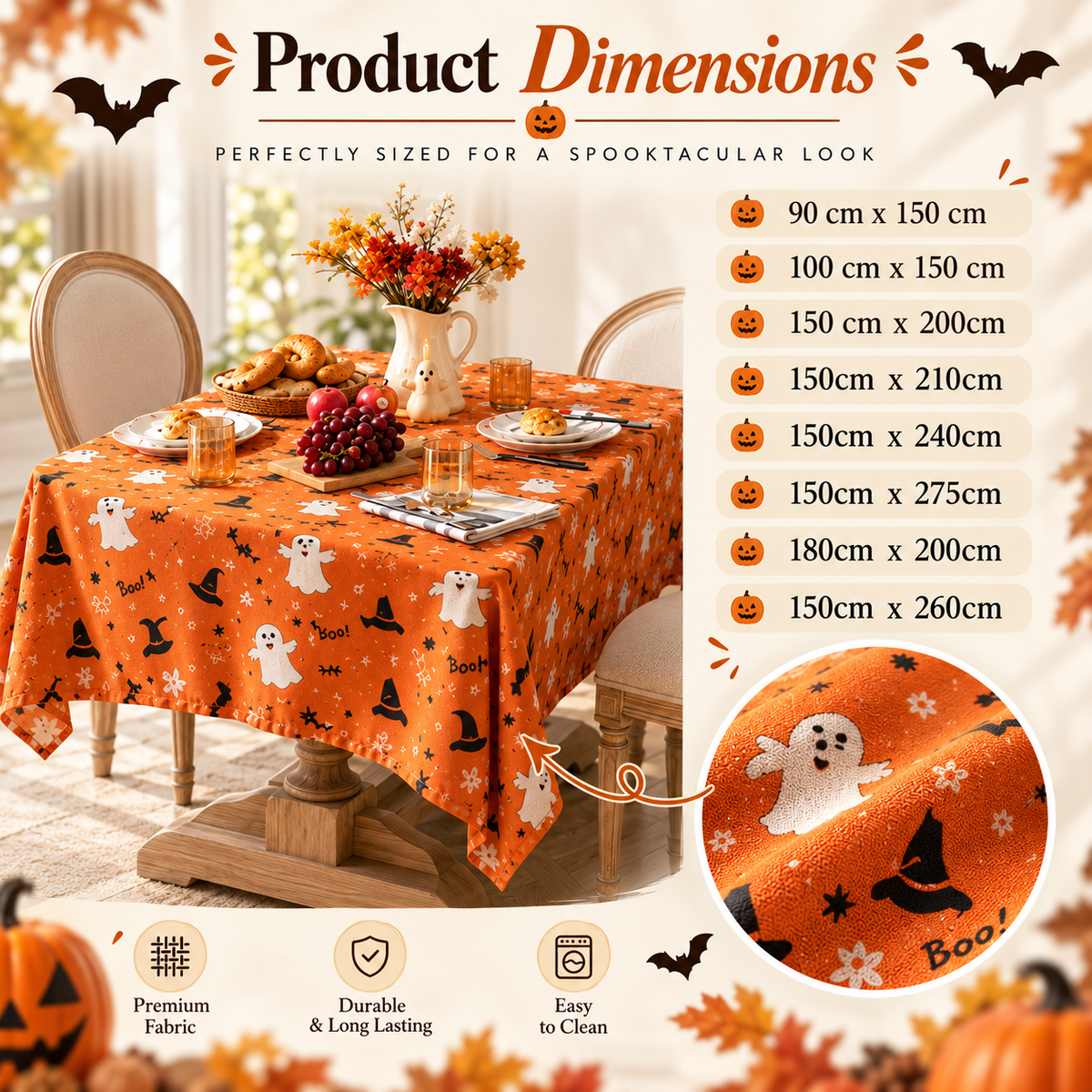 Spooky Halloween Witch Bat Pumpkin Tablecloth Decor
