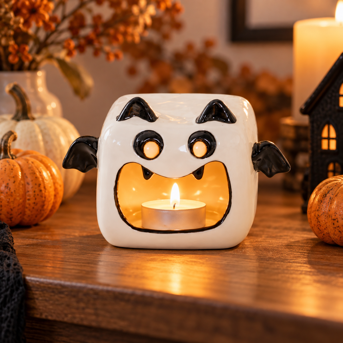 Halloween Ghost Pumpkin Ceramic Candle Holder / Lantern