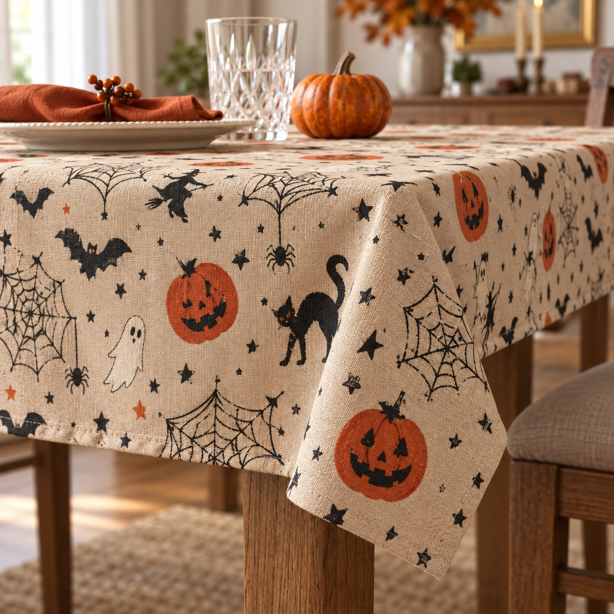 Spooky Halloween Witch Bat Pumpkin Tablecloth Decor