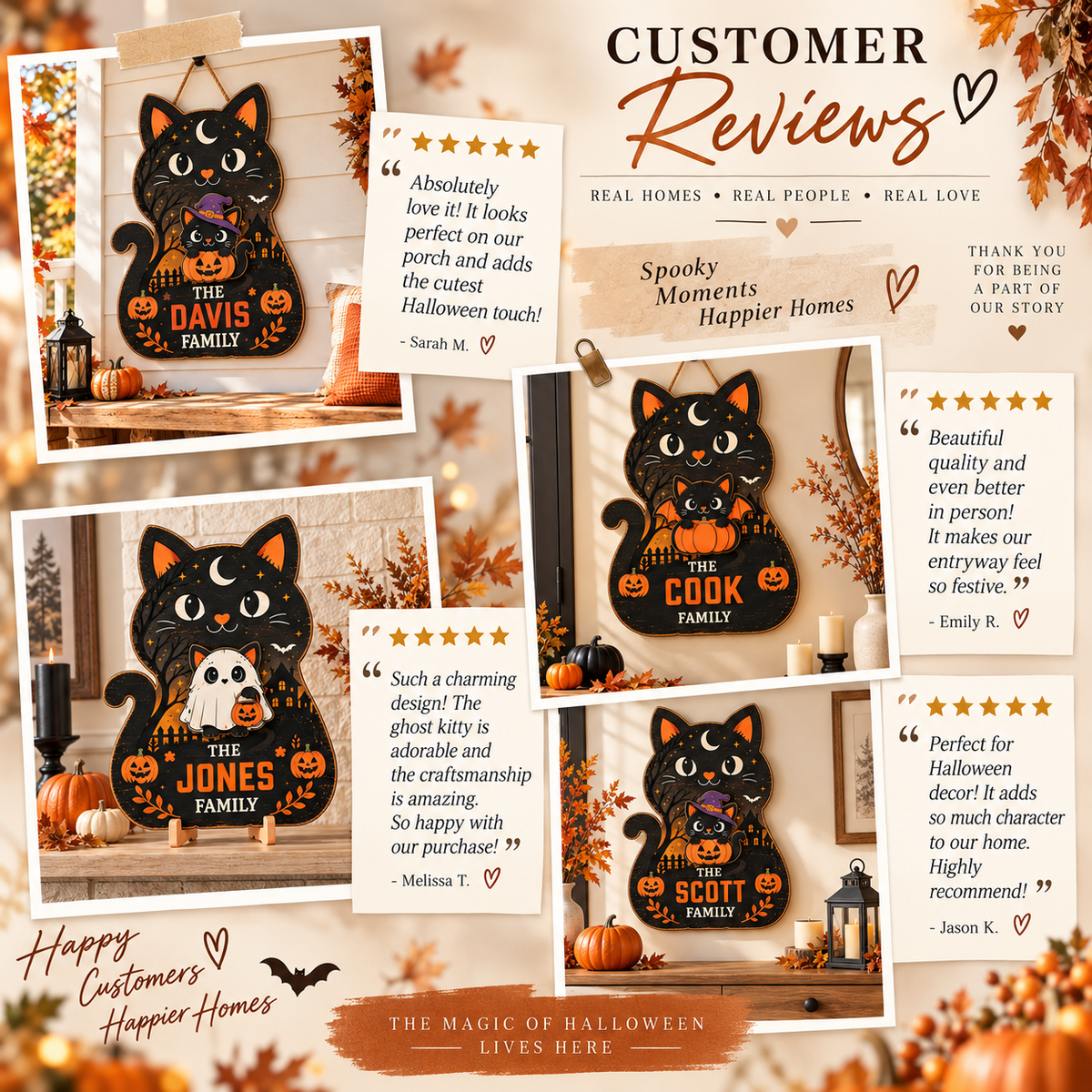Halloween Witchy Cat Wooden Blocks – Set of 3 Spooky Shelf Sitters