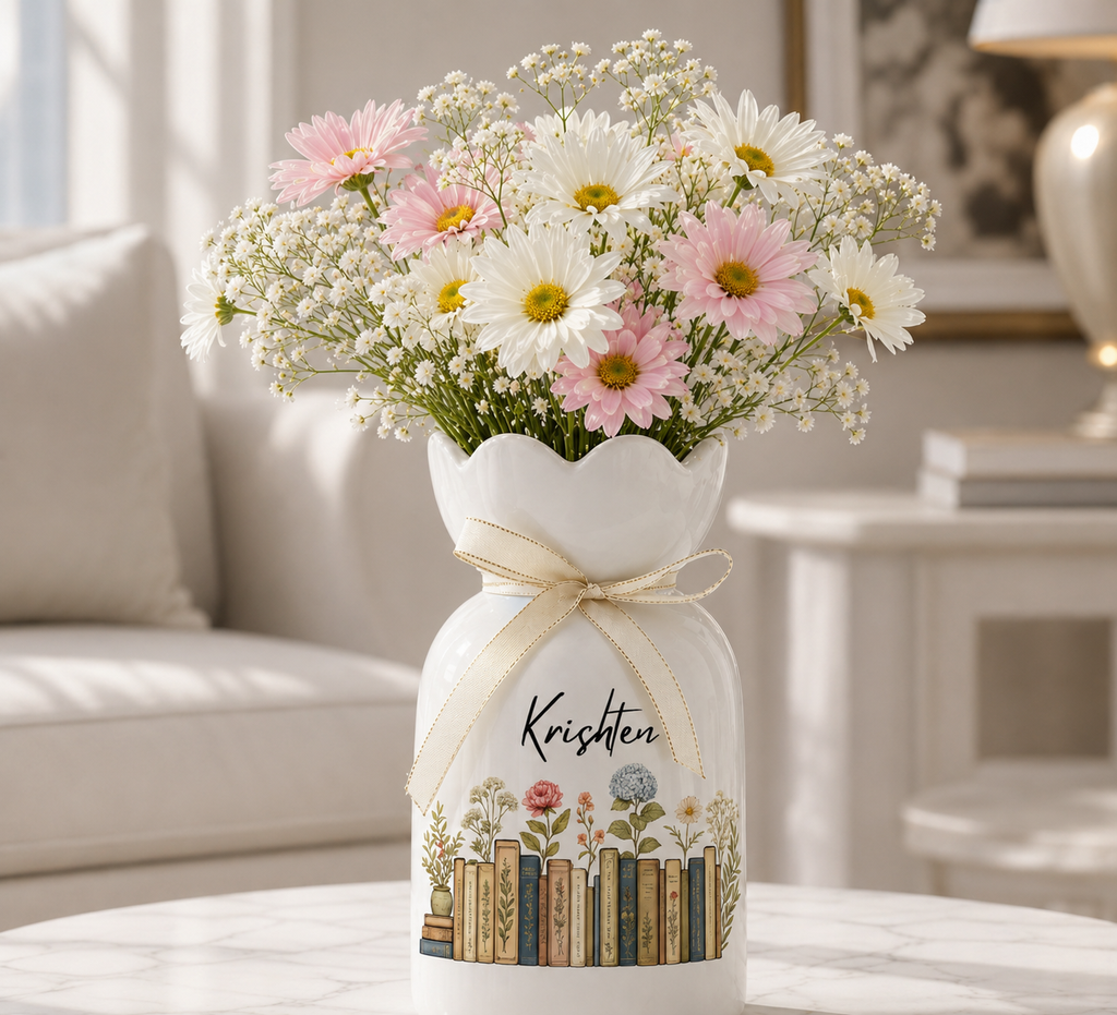 Personalized Vintage Bookshelf Library Ceramic Flower Vase – Book Lover Gift