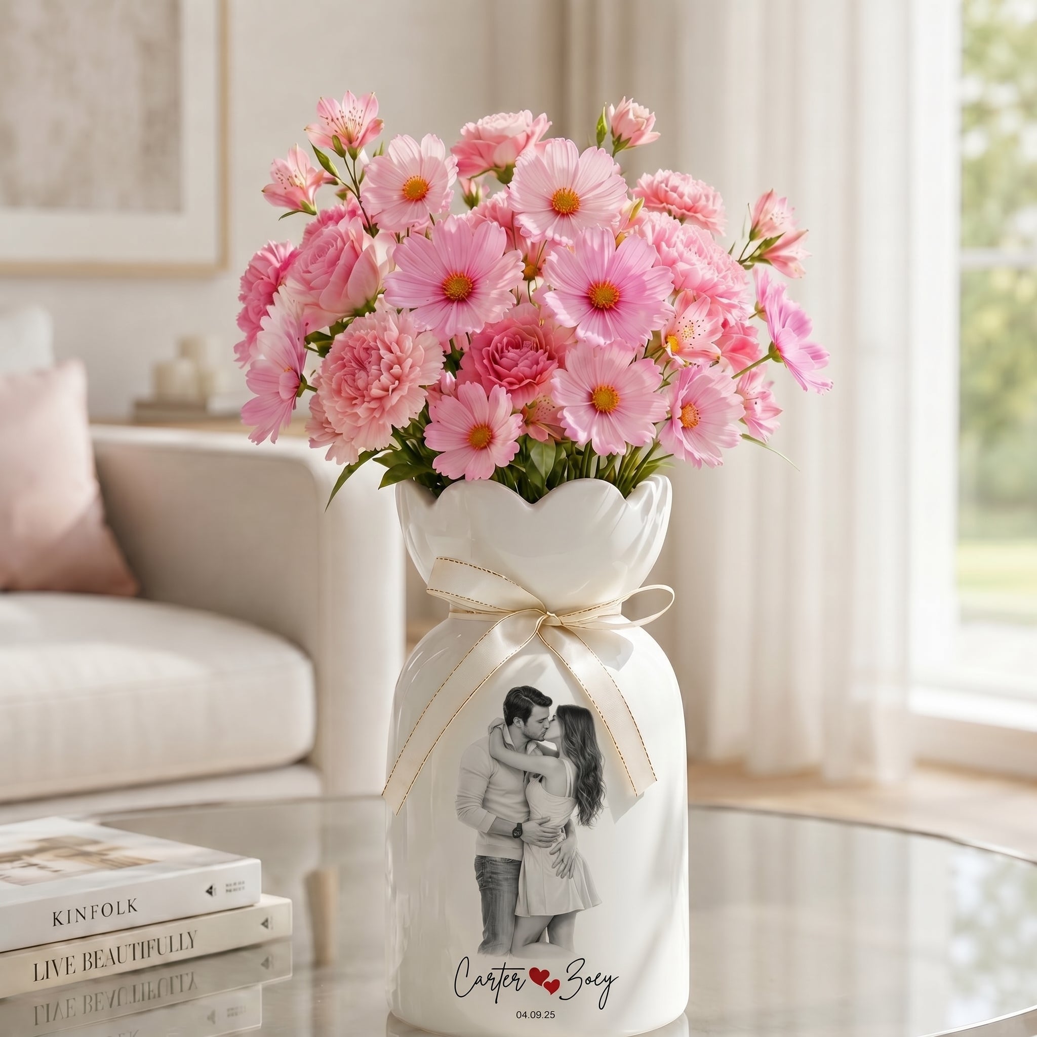 Custom Line Portrait Flower Vase – Personalized Ceramic Couple Photo Vase