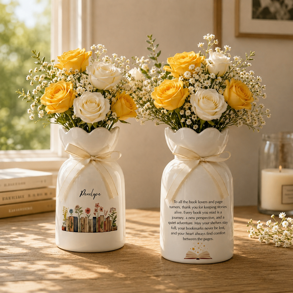 Personalized Vintage Bookshelf Library Ceramic Flower Vase – Book Lover Gift