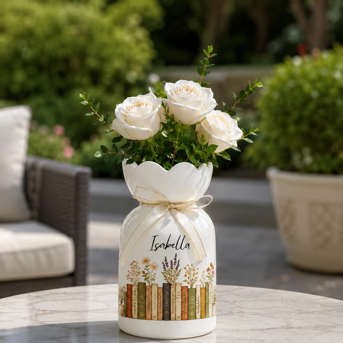 Personalized Vintage Bookshelf Library Ceramic Flower Vase – Book Lover Gift