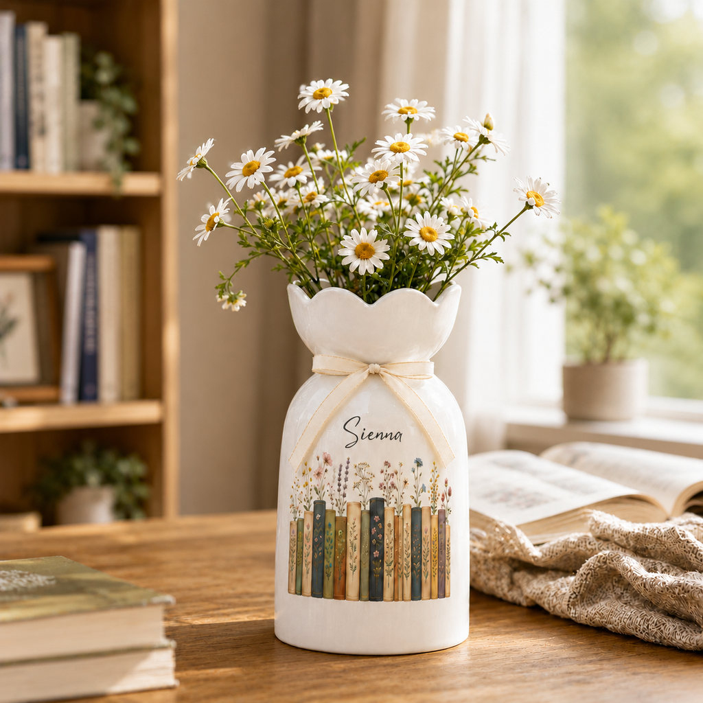 Personalized Vintage Bookshelf Library Ceramic Flower Vase – Book Lover Gift