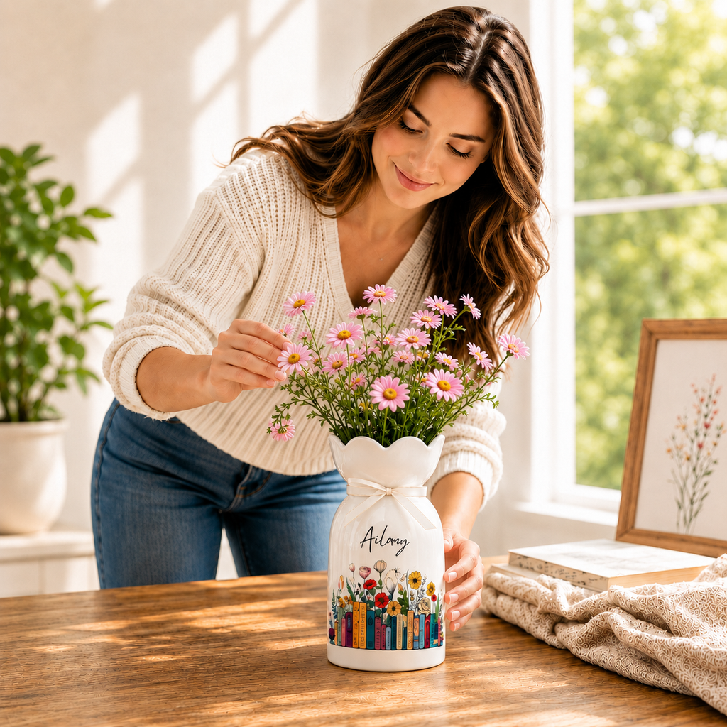 Personalized Vintage Bookshelf Library Ceramic Flower Vase – Book Lover Gift