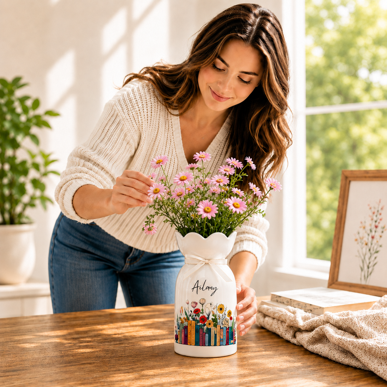 Personalized Vintage Bookshelf Library Ceramic Flower Vase – Book Lover Gift