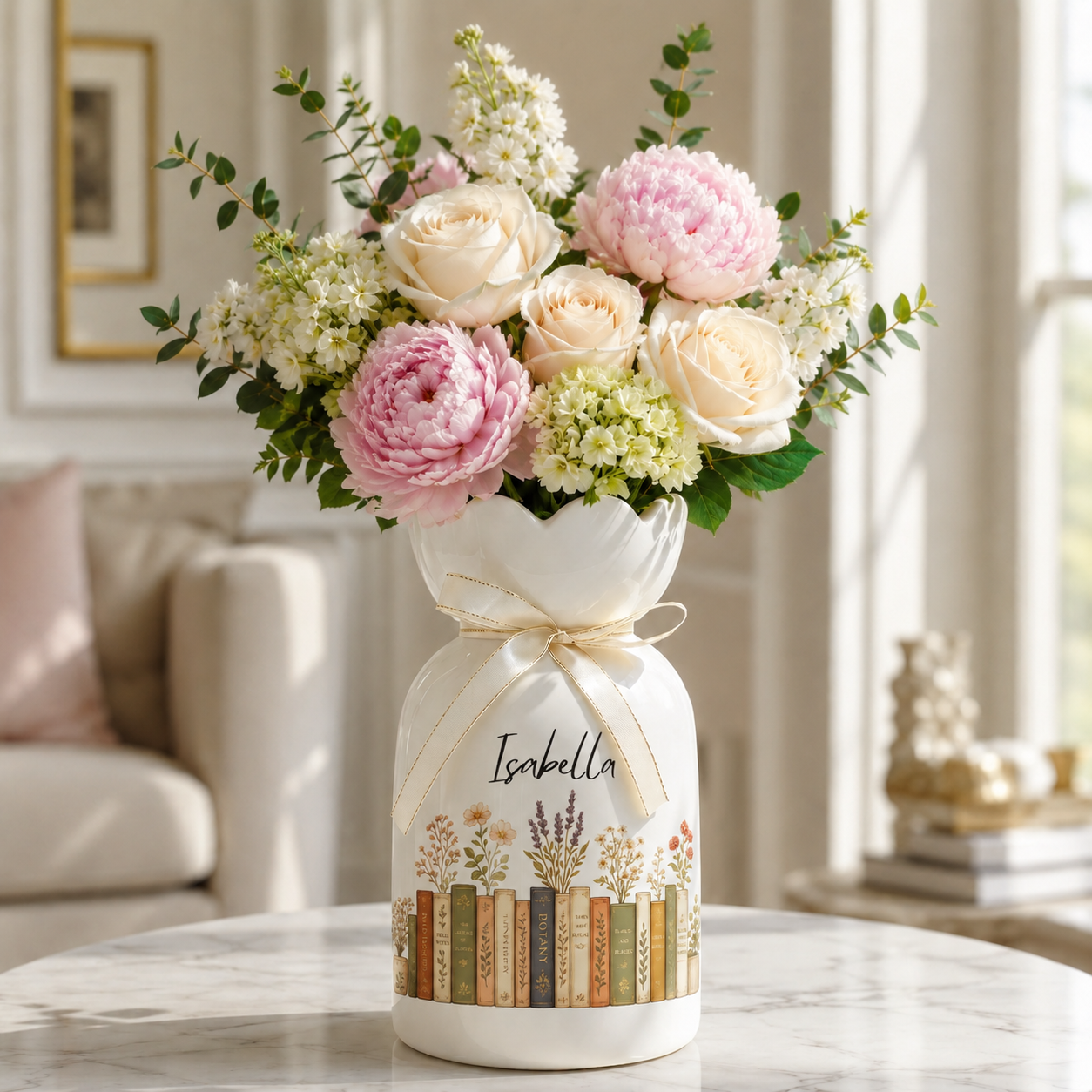 Personalized Vintage Bookshelf Library Ceramic Flower Vase – Book Lover Gift
