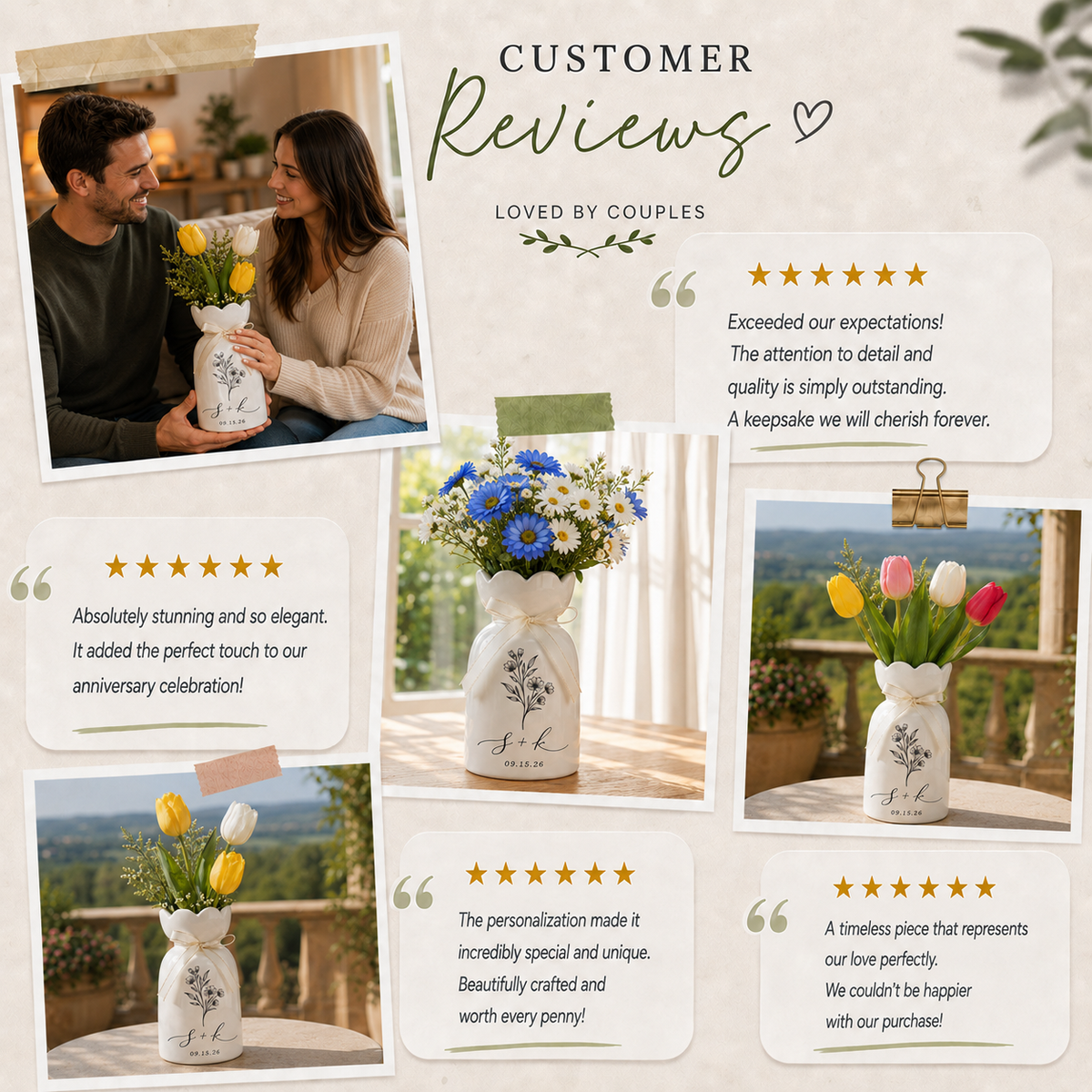 Custom Ceramic Botanical Flower Vase – Personalized Wedding Vase Gift for Couples