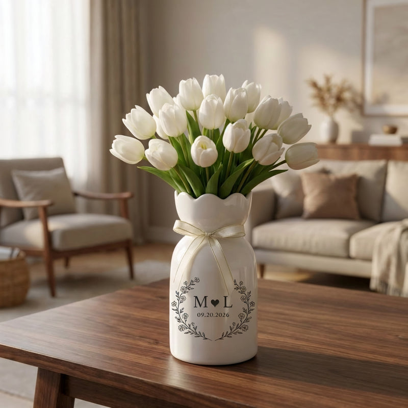 Custom Ceramic Botanical Flower Vase – Personalized Wedding Vase Gift for Couples