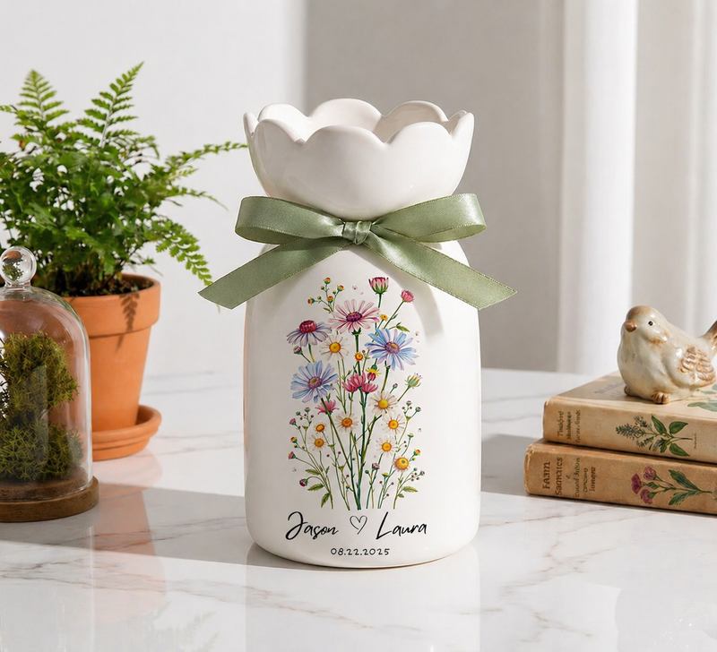 Personalized Wedding Flower Vase, Custom Birth Flower Couple Gift with Names & Wedding Date