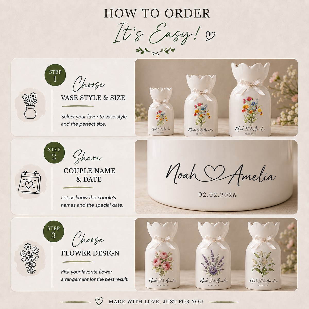 Personalized Wedding Flower Vase, Custom Birth Flower Couple Gift with Names & Wedding Date
