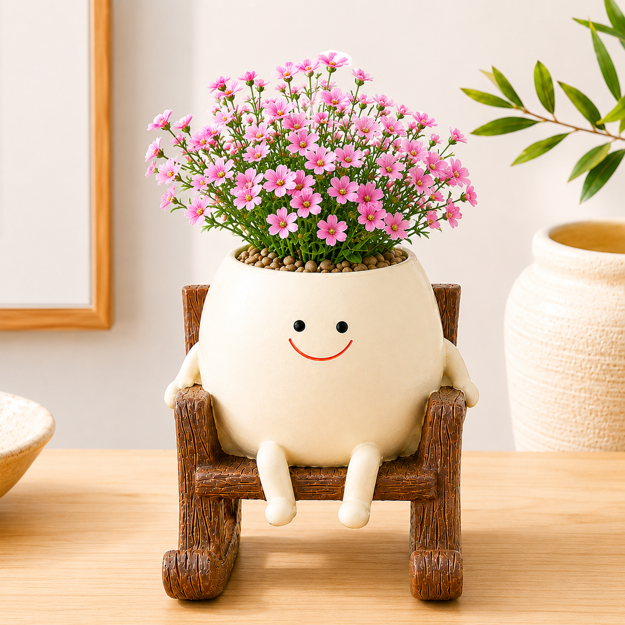 Resin Smiley Face Rocking Chair Planter – Whimsical Succulent Holder & Happy Decor
